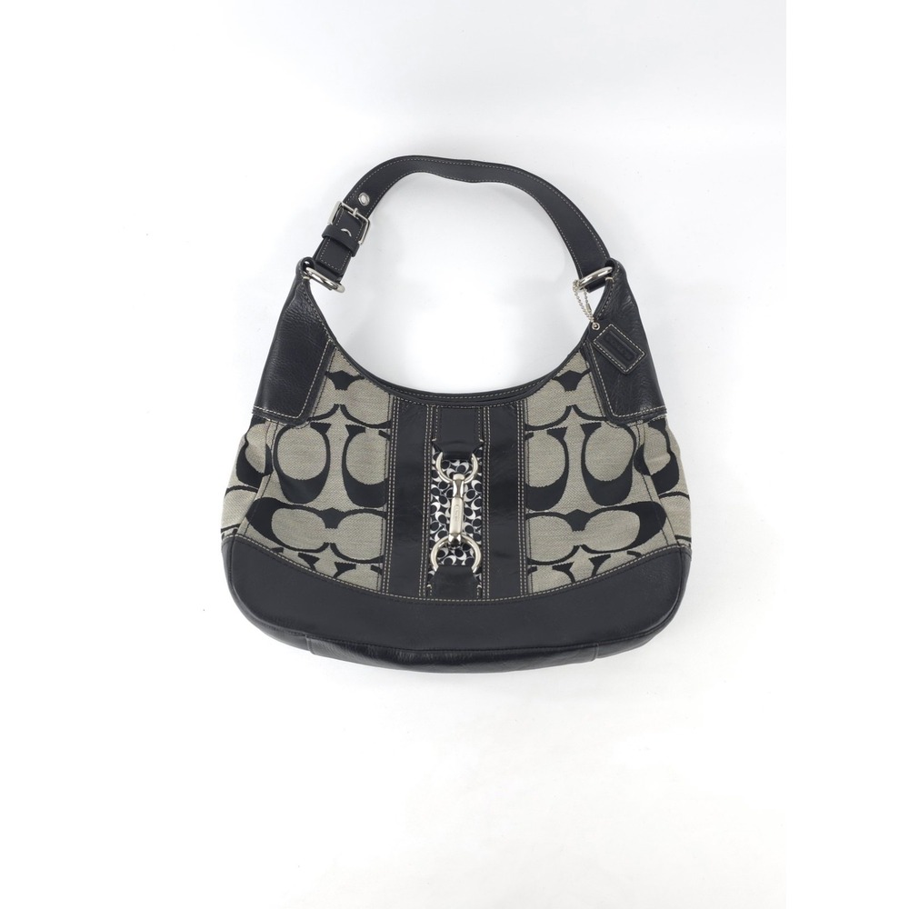 Coach Signature Logo Zip Crescent Shoulder Bag Black Beige Silver Hardware
